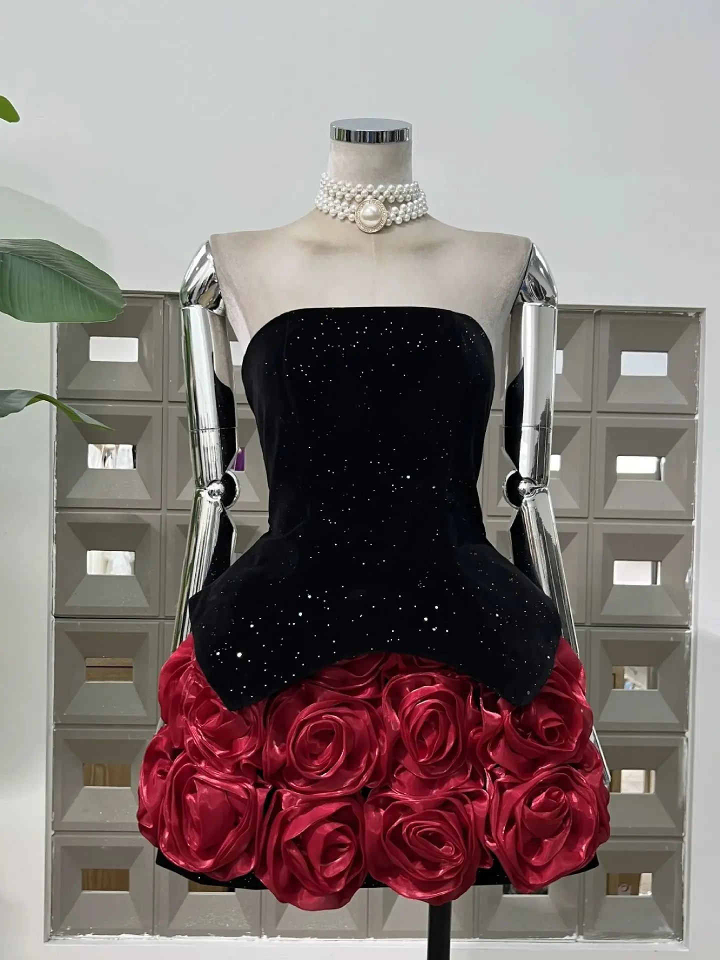 Velvet Tight Two Piece Flower Top Mini Skirt Sets Halter Nightclub Clothing Luxury Party Dress Women's Fashion Outfit Dresses