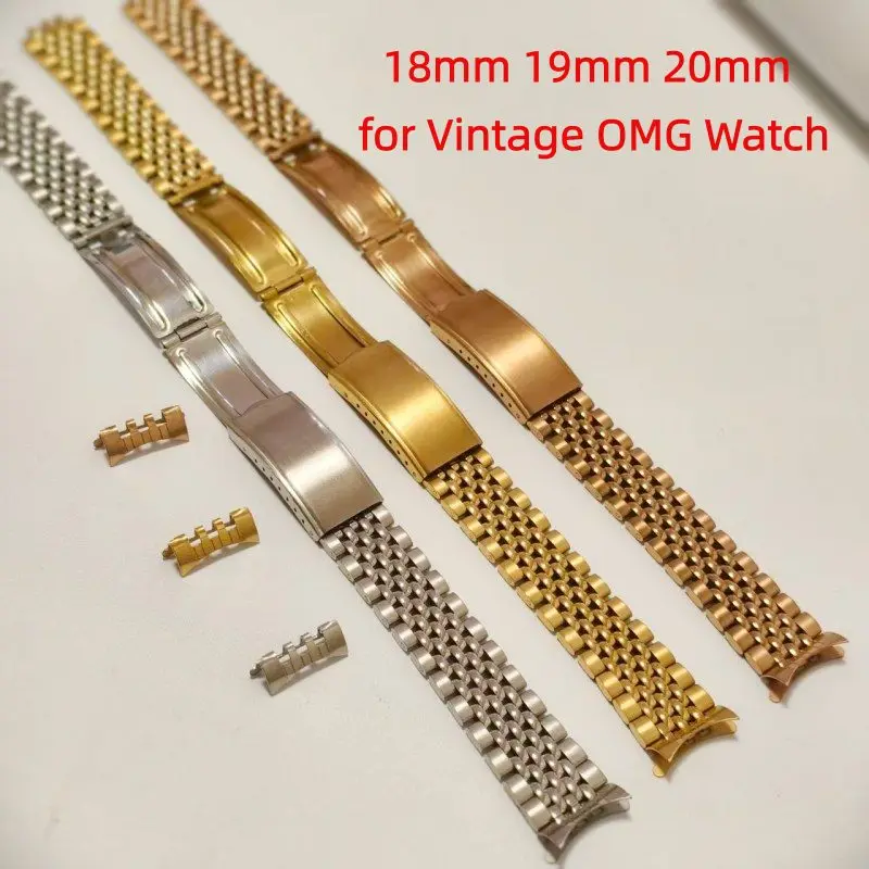 Vintage Seven Beads Rice Silver Gold 18mm 19mm 20mm Stainless Steel Curved End Watch Strap Band Bracelet Fits for Omega Watch
