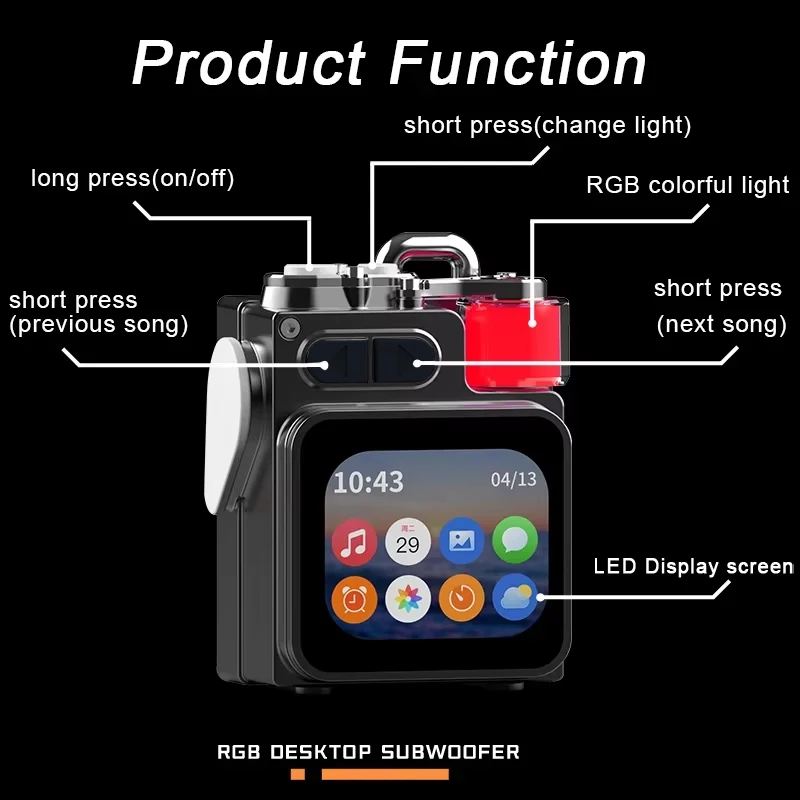 VIKEFON سماعة لاسلكية تعمل بالبلوتوث مكبر صوت ميكانيكي معدني مع شاشة عرض LED RGB سطح المكتب مضخم صوت يدعم ساعة منبه التقويم