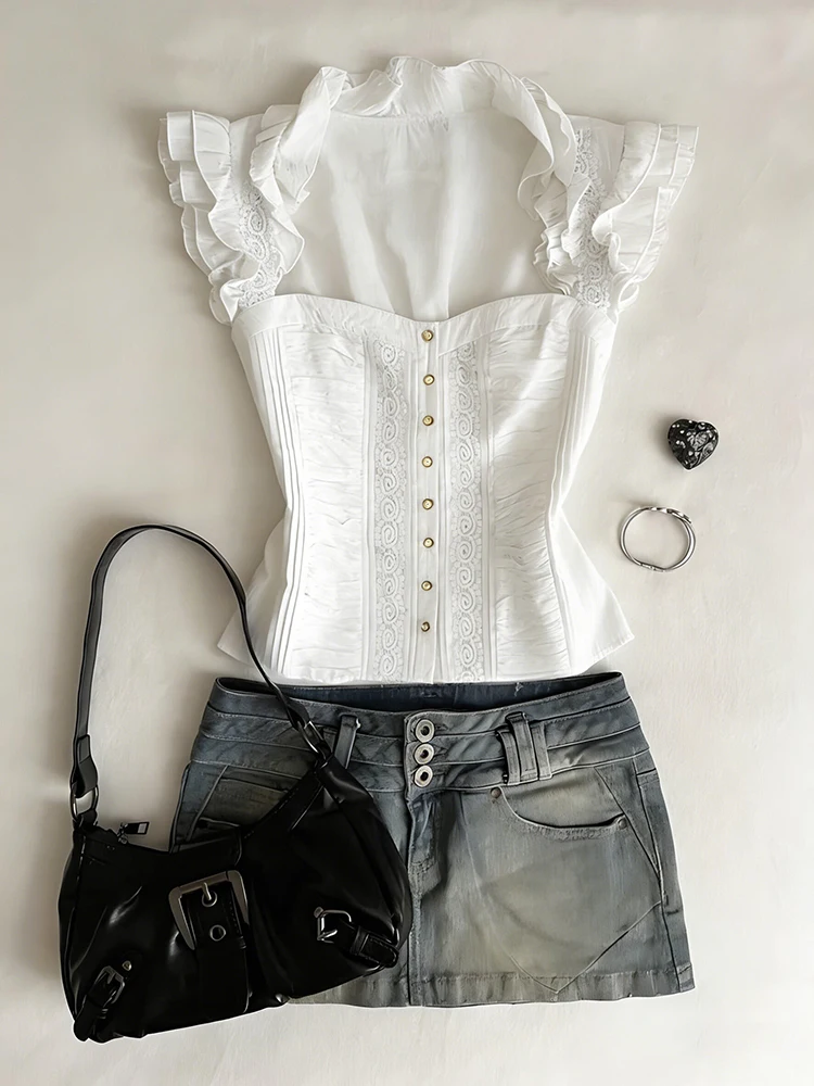 

Sweet Lace Splice Bell Sleeve Slimming White Shirt for Women Summer Vintage Style Floral Trim Cotton Blend Short Sleeve Top