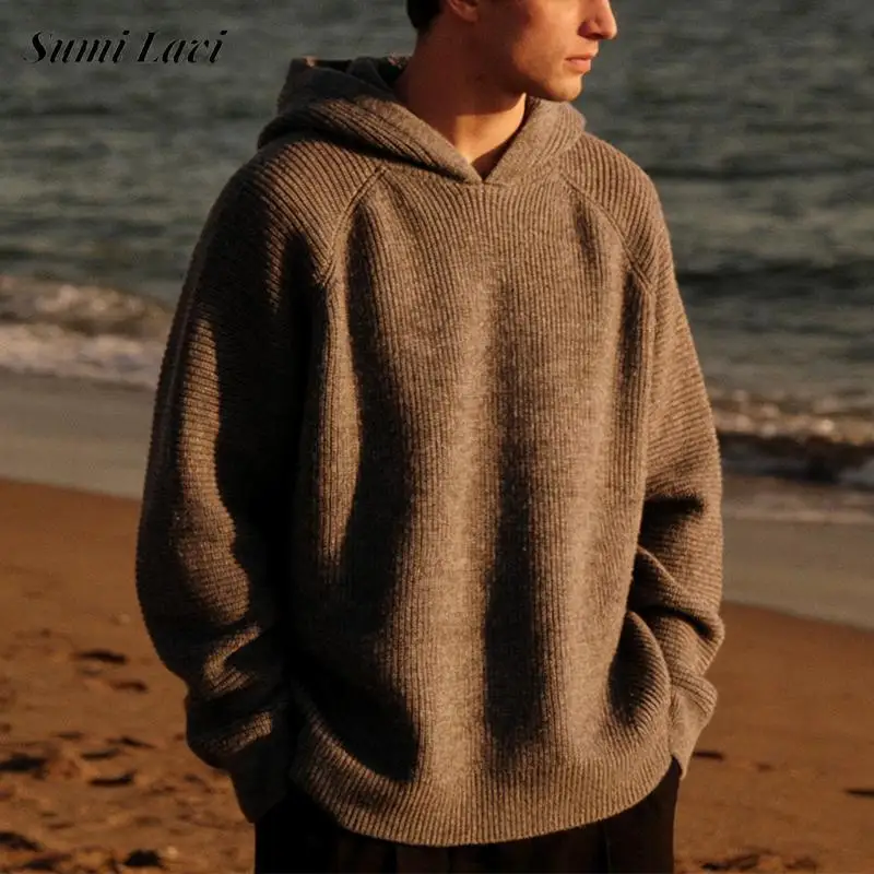 

2025 Fall Winter Casual Mens Knit Hoodies Vintage Solid Color Long Sleeve Hooded Sweatshirts Men Retro Knitted Slim Hoodie