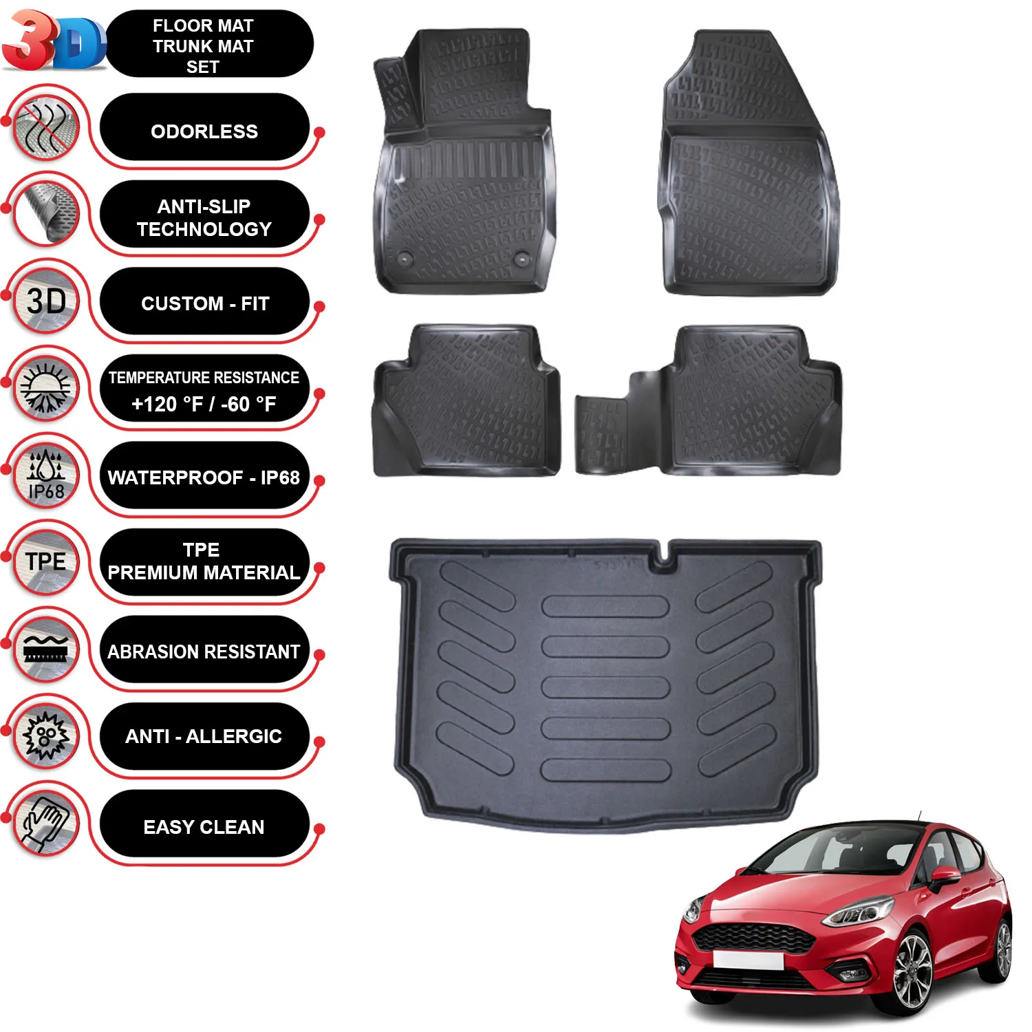 Ford Fiesta HB - (2017-2022) - Floor Mats + Cargo Trunk Liner - SET - (Black)