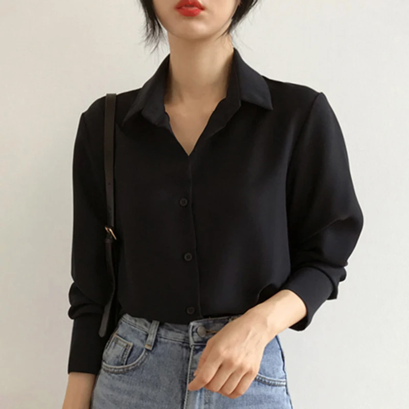 Women Chiffon Shirt Korean Black Turn Down Collar Female Long Sleeve Blouse Spring Fashion All Match Button Office Ladies Tops