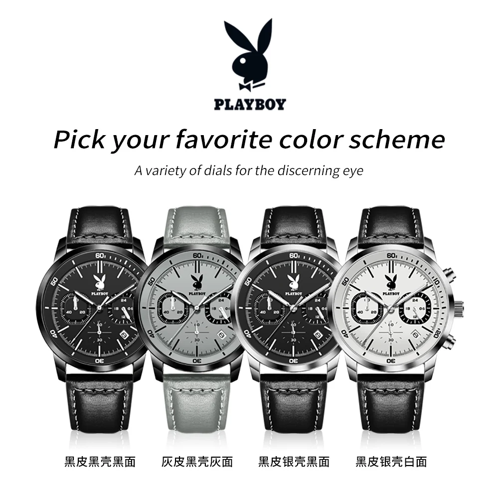 PLAYBOY Top Brand Classic Original Trend Watches for Men Calendar Luxury Chronograph Fashion Leather Strap Quartz Men\'s Watches