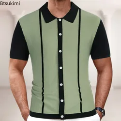 Camisa polo listrada de malha casual masculina, gola virada para baixo, tops slim fit de botão, camiseta de seda gelo, camisas verão, 2024