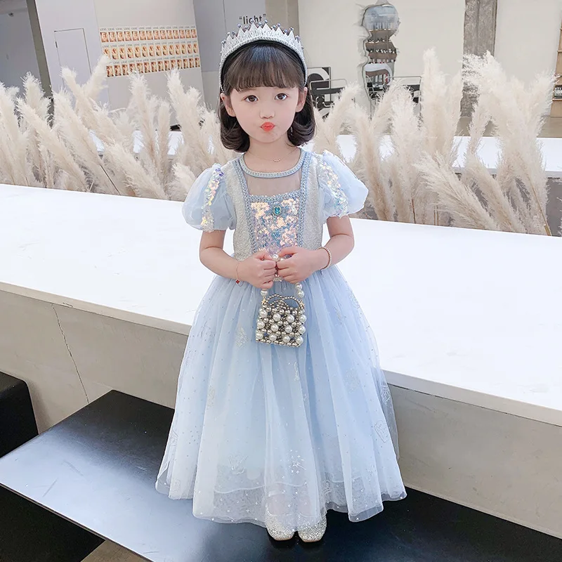 2024 Korean Spring/Summer New Princess Dress Girl Dress Blue Fluffy Yarn Dress Baby Girl Summer Skirt