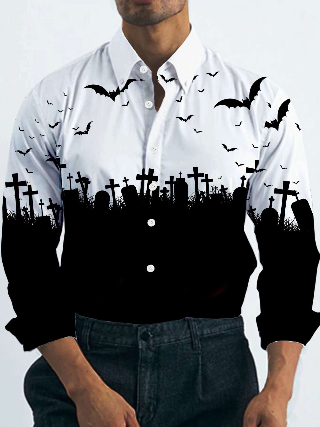 

Мужская рубашка с готическим принтом кладбида, белая, черная, с градиентом, с длинным рукавом, на пуговицах, формальная повседневная рубашка