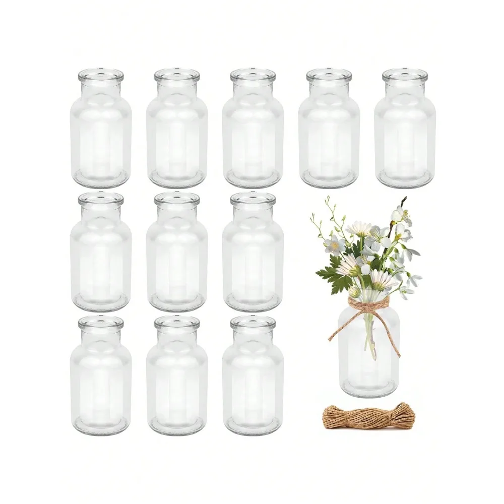 Mini Vases en Gros, Petits Vases en Verre Transparent, Bouteille d'aromathérapie en Rotin Style Campagnard avec Corde de Jute, Décoration Bohème en Roseau