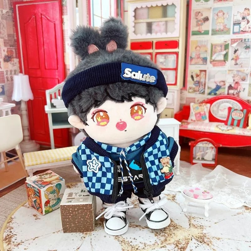 4Pcs Checkered Hoodie Jacket Suit Kawaii Boy Plush Doll Cute Stuffed Plushies Idol Doll DIY Clothes Accessory Soft Kids Toys