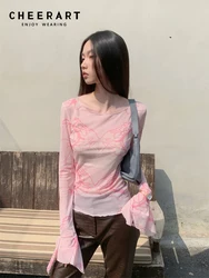 CHEERART Pink Flare Sleeve See Through Tops For Women 2023 Long Sleeve Tees Mesh T Shirt Drawing Tee Shirt Femme Y2k Clothes