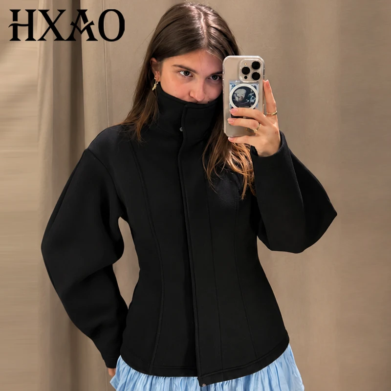 HXAO Black Cropped Jacket Women's Jacket Autumn 2026 Casual Slim Stand Collar Long Sleeve Tops For Women Chic Outdoor Outerwear