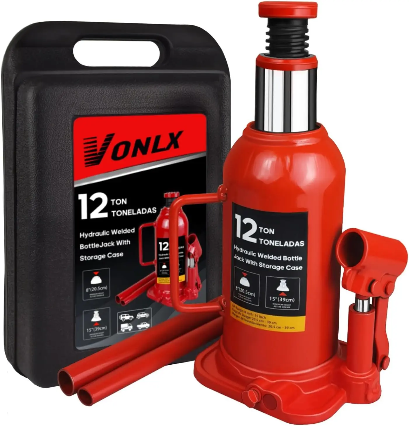 

12 Ton Hydraulic Bottle Jack with Carrying Case, 7.5-15 Inch Lift for Cars, Trucks, RVs - Heavy-Duty Auto Repair Tool