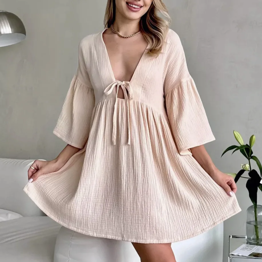 Women's Pure Cotton Pajamas European American Style Three quarter Sleeve Nightgown Loose Casual Dress Hot Style L Size Sleepwear