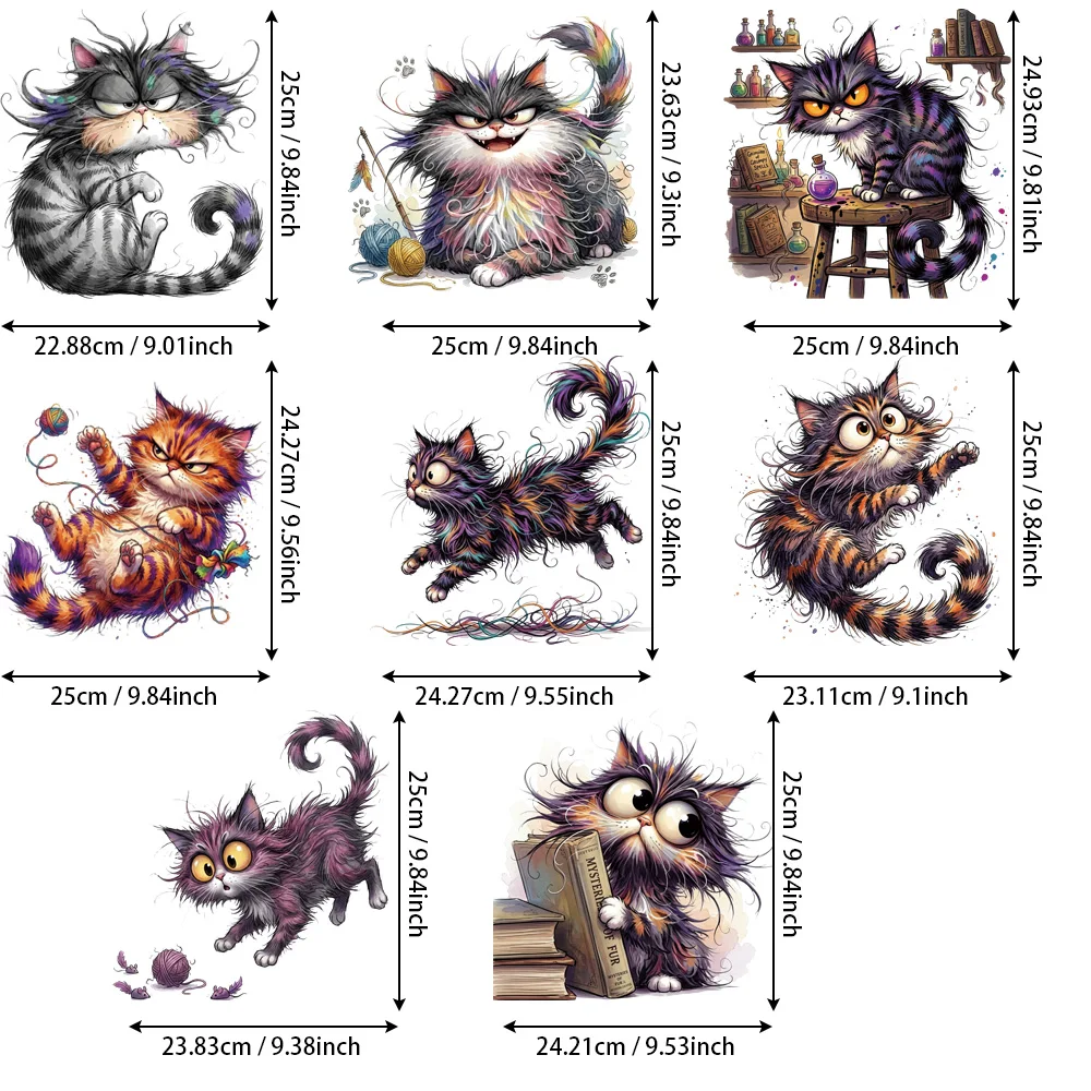 8Pcs Whimsical Fluffy Cat HTV, 2D Fantasy Feline Iron-on for Hoodies, High-Stretch Snap-Back, Mod Breathable Vinyl