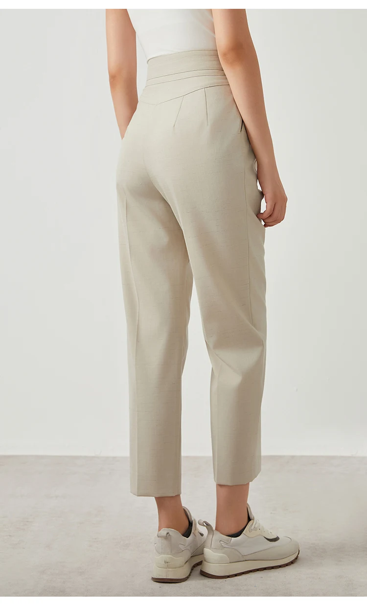 K2523X Luxuriöse Damen-Hose aus Woll-Leinen-Mischgewebe, tailliert, gerade geschnitten, hohe Taille, schlichte Linien, elegante, minimalistische Hose – Detail 9