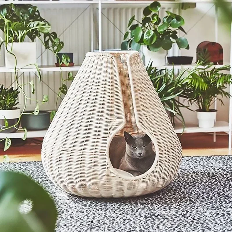 Hand-Woven Autumn and Winter Warm Pet Nest Kitten Enclosed Cat Bed House Cat Supplies Rattan Cat Hut