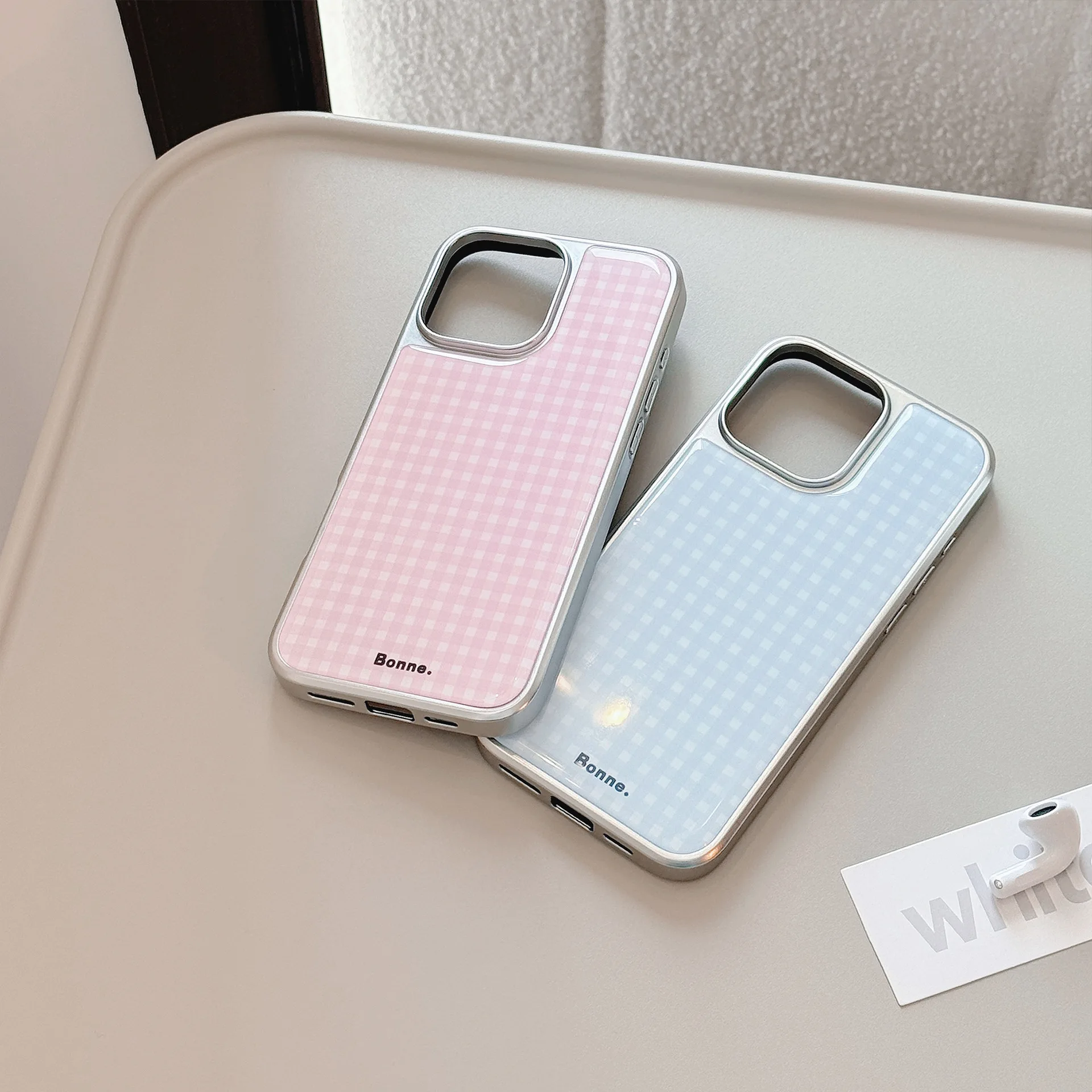 Korean Pink Blue Plaid Drop Glue Silver Edge Plating Phone Case for iPhone 17 Air 16 15 14 13 12 Pro Max Shockproof Hard Cover - view 6