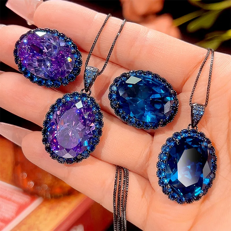 Stunning Blue Purple Oval Pendant Necklace Rings Jewelry Set 15*20mm Egg Stone Fashion Accessories Jewelry
