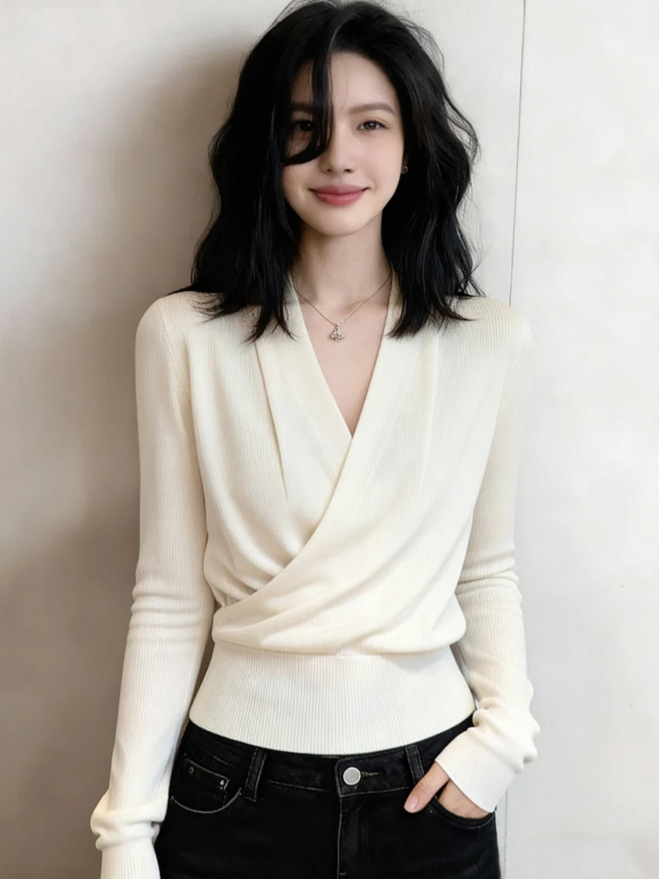 

Elegant Long Sleeve Knitwear Women's Autumn Winter V-neck Cross Design Slim Fit Soft Polyester Fiber Casual Fashion Style