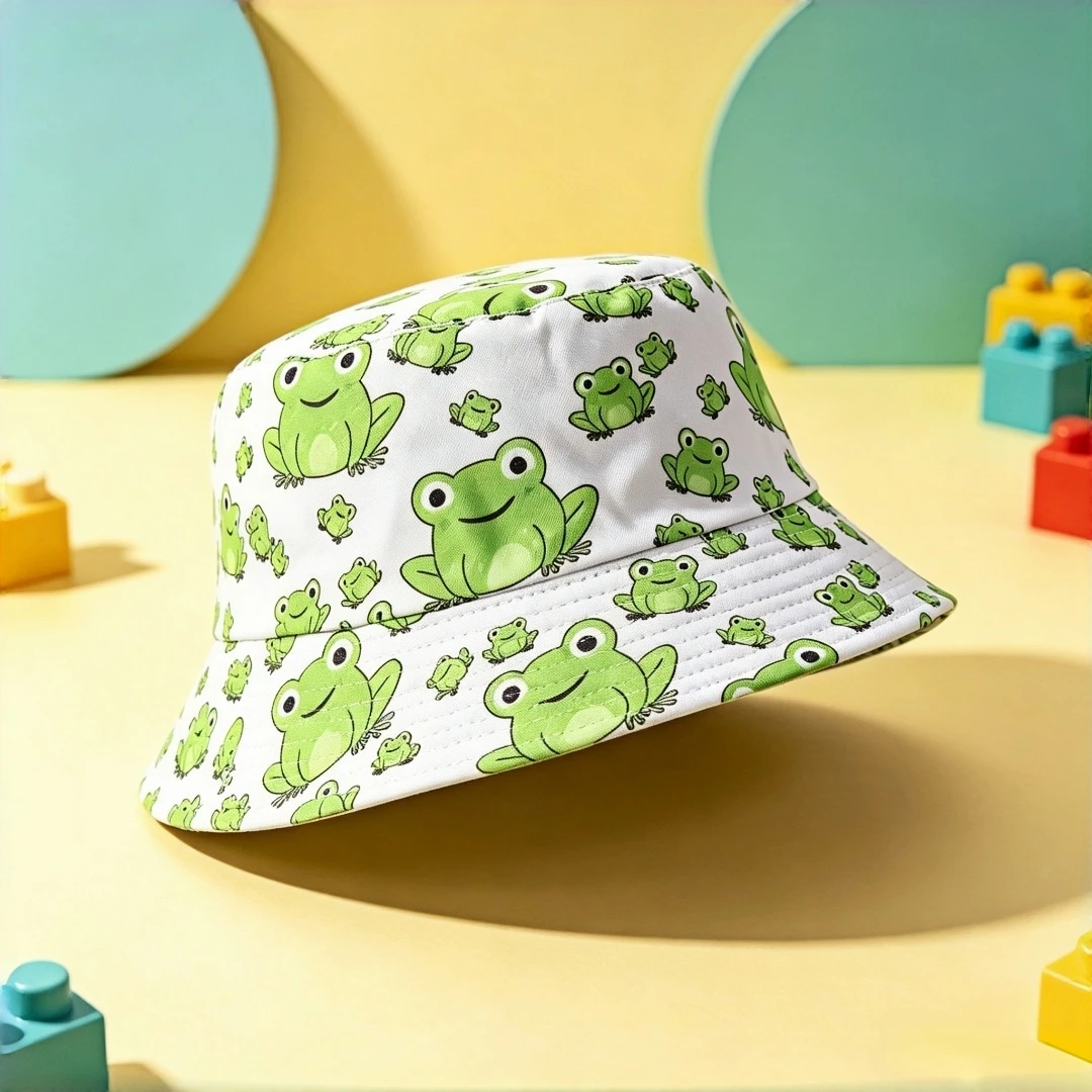 Cartoon Green Frog Pattern Bucket Hat Full Print Animal Fisherman Cap Wide Brim Portable Outdoor Beach Vacation Daily Streetwear