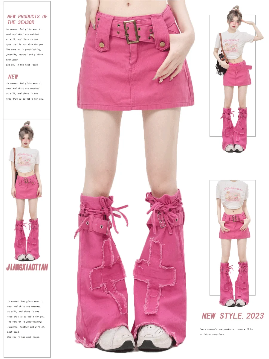 

Dopne Sweet Cool Sle Уличная одежда Розовая юбка трапециевидной формы с высокой талией Джинсовая юбка Женский весенне-осенний комплект из двух предметов