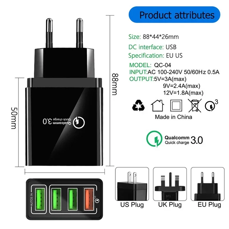 【شحن سريع】4.1A QC 3.0 4 منفذ USB شاحن سريع رئيس عالمي الاتحاد الأوروبي الولايات المتحدة المملكة المتحدة مهايئ شاحن محول الهاتف السفر #3