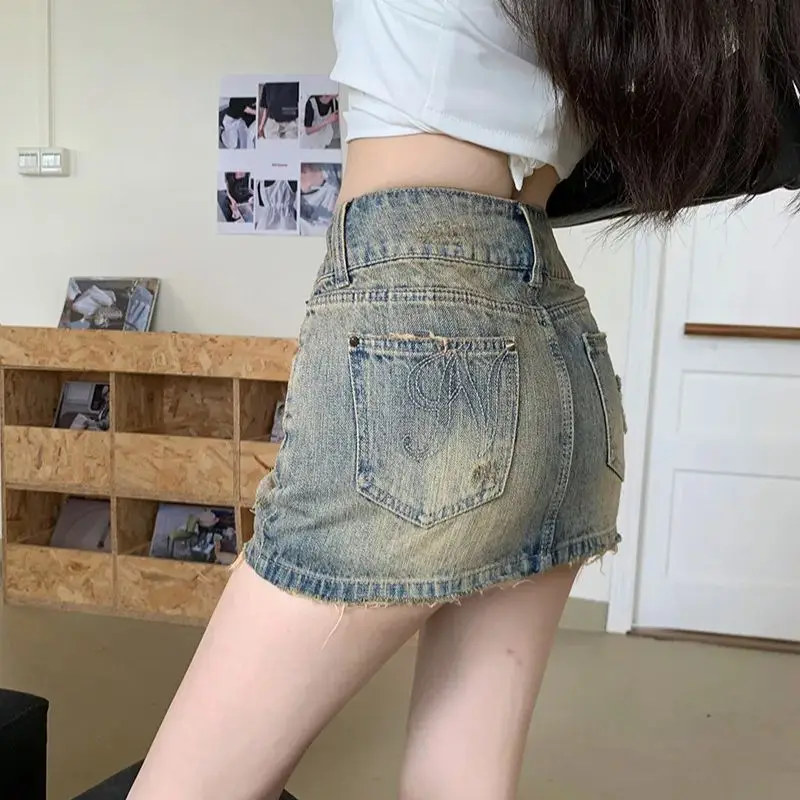 American retro short waist-revealing lace-up shirt for women hot girl high-waist slim hip-hugging denim skirt