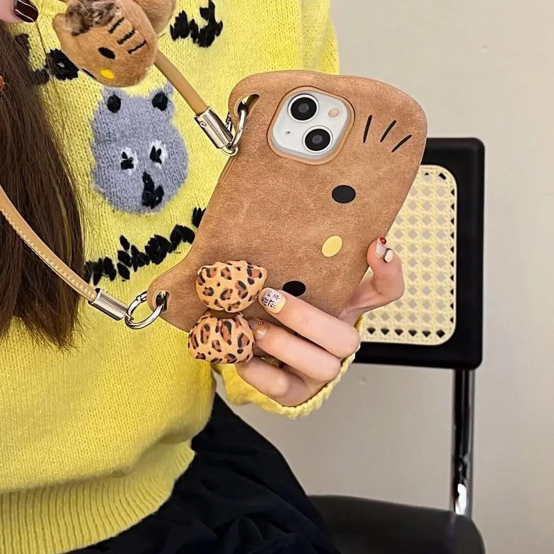 ليوبارد طباعة القوس مرحبا كيتي الجلود يده جراب هاتف آيفون 16 برو ماكس 15 برو 14 التغطية الكاملة الهاتف الغطاء الواقي