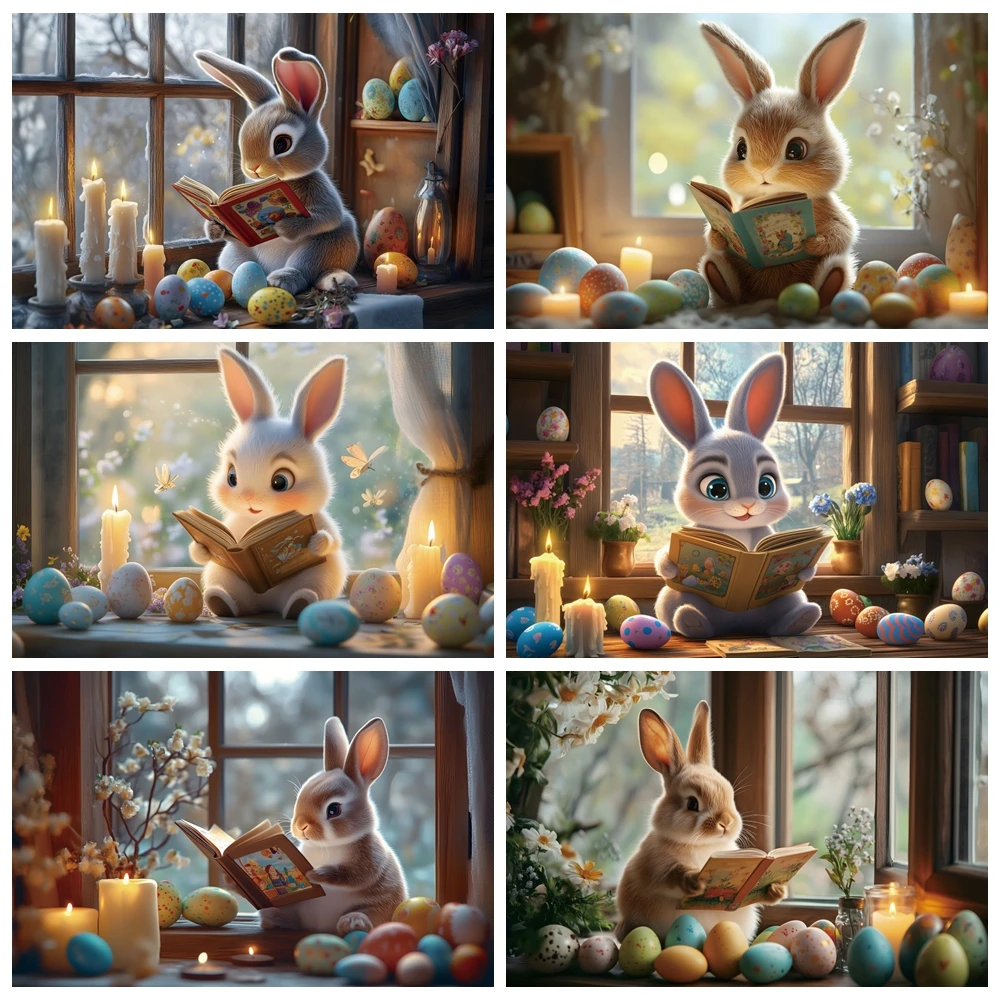 

Cartoon Bunny Happy Easter Day Backdrop Window Flower Colorful Eggs Rabbit Kids Birthday Party Decor Photography Background