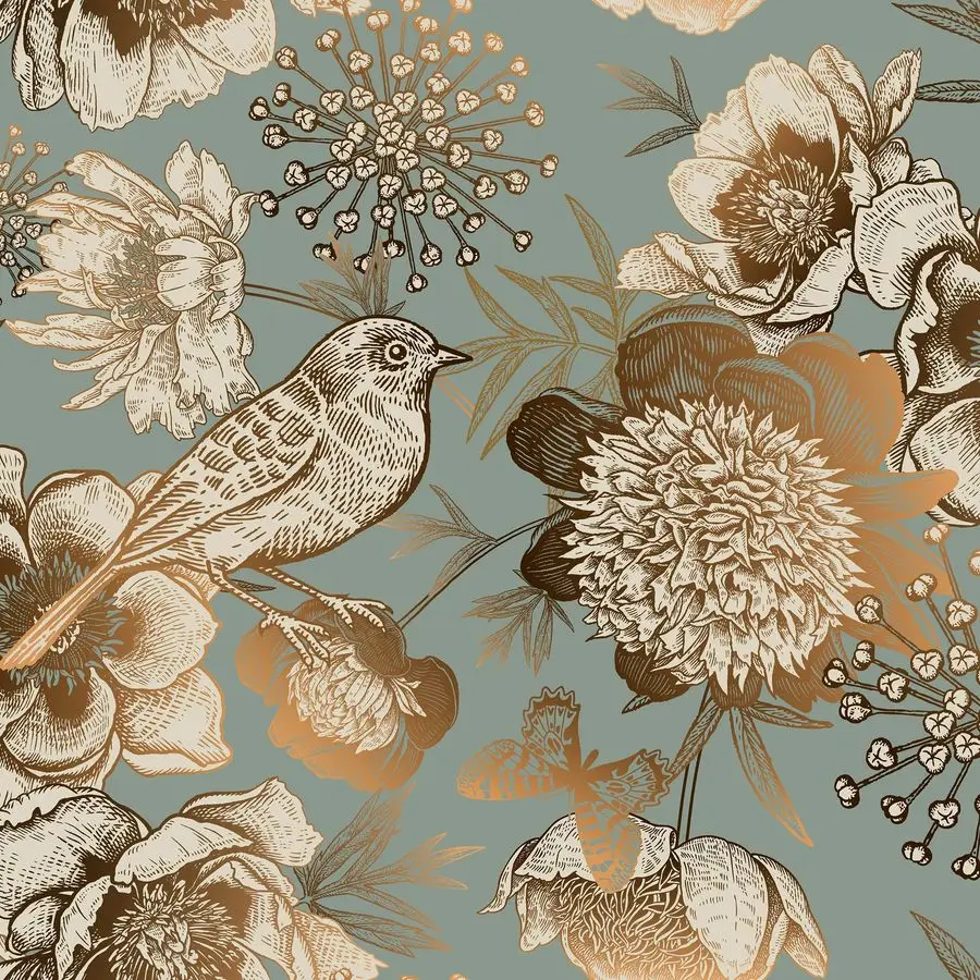 

17.5in x 39ft Gold Peel and Stick Wallpaper Vintage Floral Wallpaper Gold Birds Flower Removable Vinyl Wall Covering for Bedroom