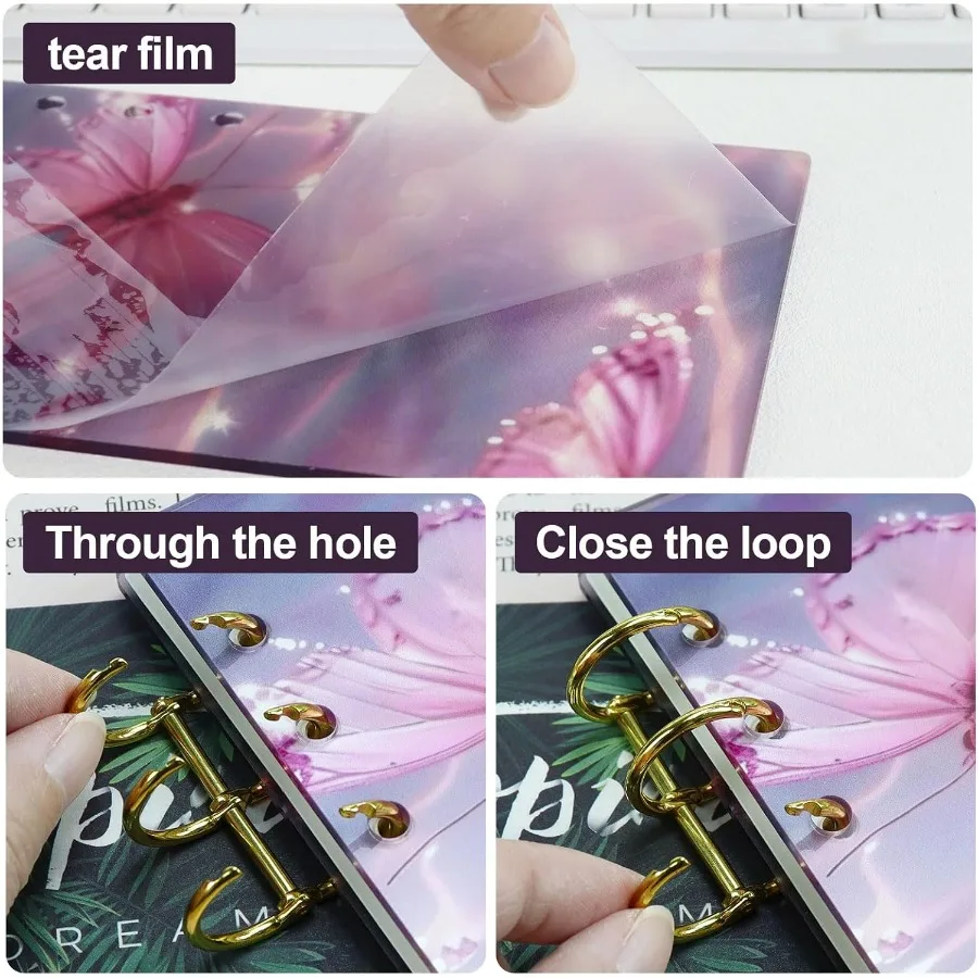 A6 Acrylic 6Ring Binder Notebook Purple Butterfly Loose Leaf Persol Planner Budget Binder 90 Sheets Lined Refills Paper Lay Fla