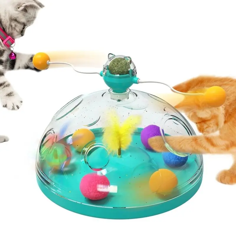 Cat Interact Toys Kitten Puzzle Game Spinning Track Balls & Feather Teaser Toy Stimulation Brain Treasure Chest Toy Pet Supplies