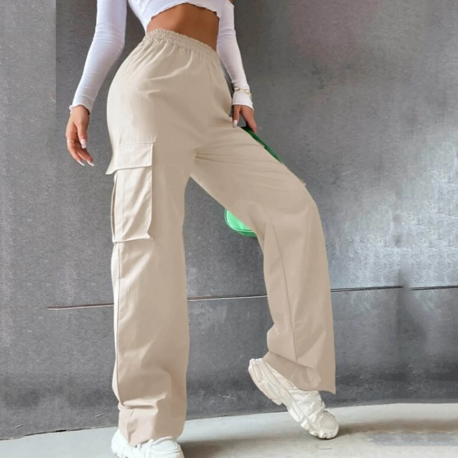 Women Casual Pants Fashion Solid Overalls Pockets High Waisted Elastic Waist Loose Cargo Pants Streetwear High Quality Trousers