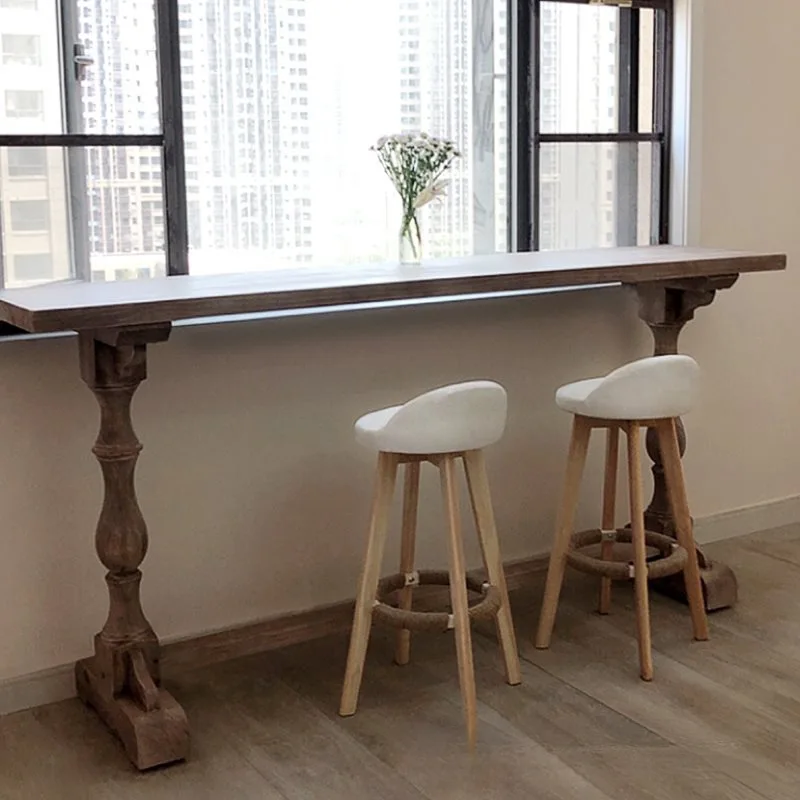 

American style rural long table, solid wood dining table against the wall, bar counter, balcony by the window, narrow