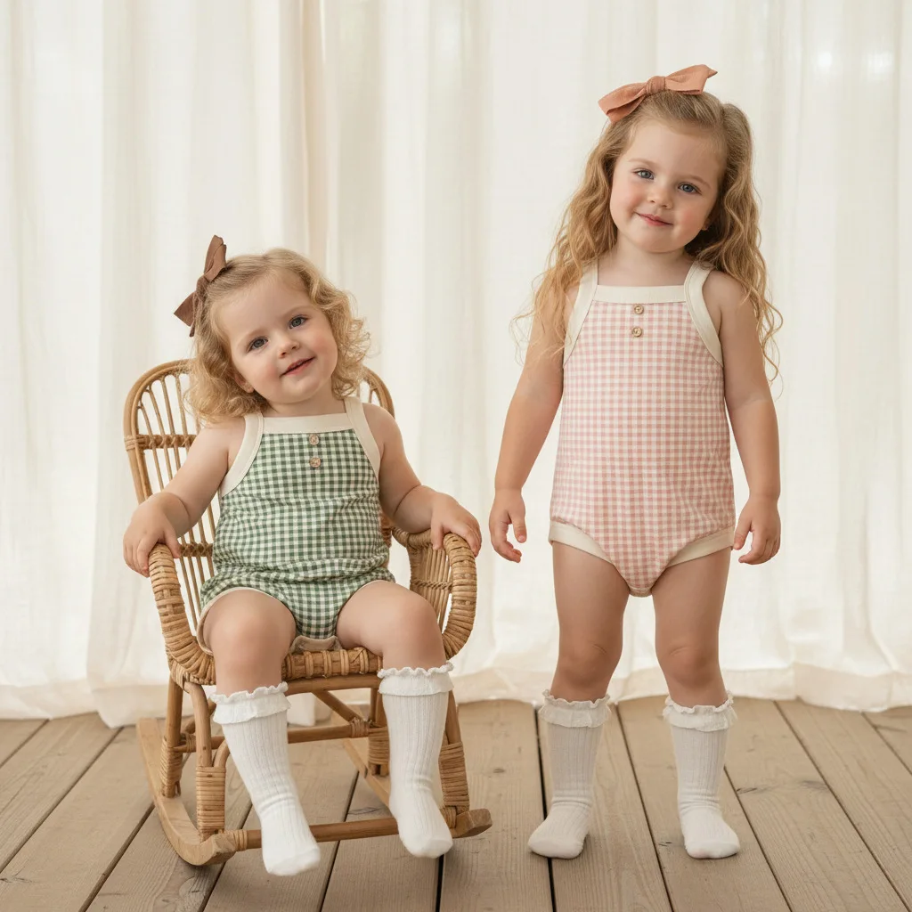 

Summer Nordic Style Classic Plaid Comfortable Camisole Rompers Cute Crawling Suit 2026 Summer New Girls Sleeveless Rompers