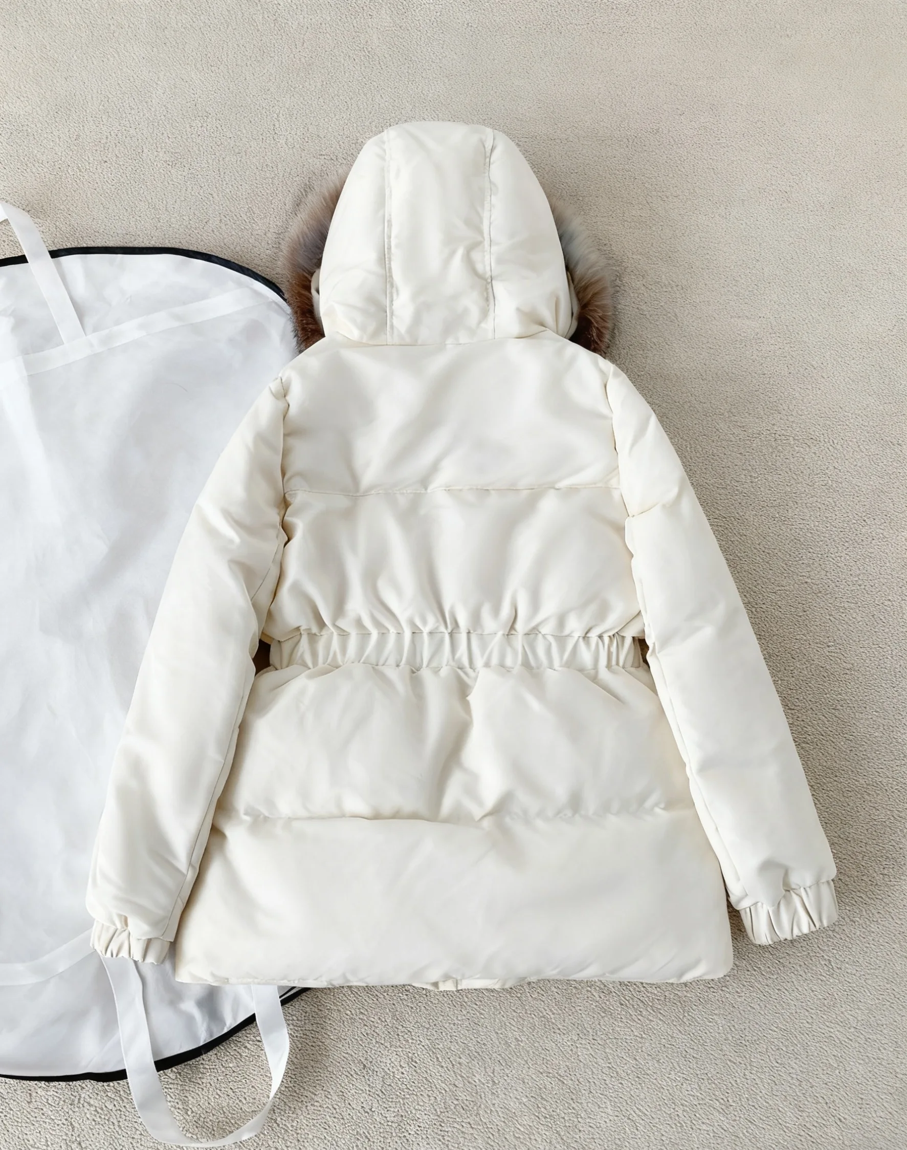 2025 Winter White Puffer Jacket Women's Real Fox Fur Hooded Drawstring Waist Warm Quilted Coat Fashion Mid-Length Down Jacket