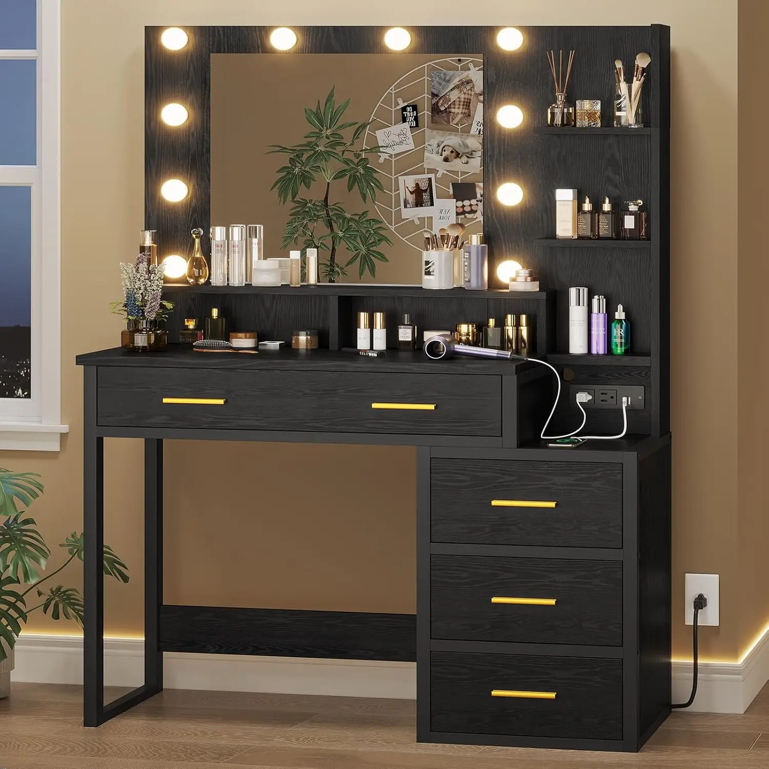 Coiffeuse de maquillage avec lumières, bureau avec station de charge, table noire, miroir 10 ampoules, 3 modes d'éclairage