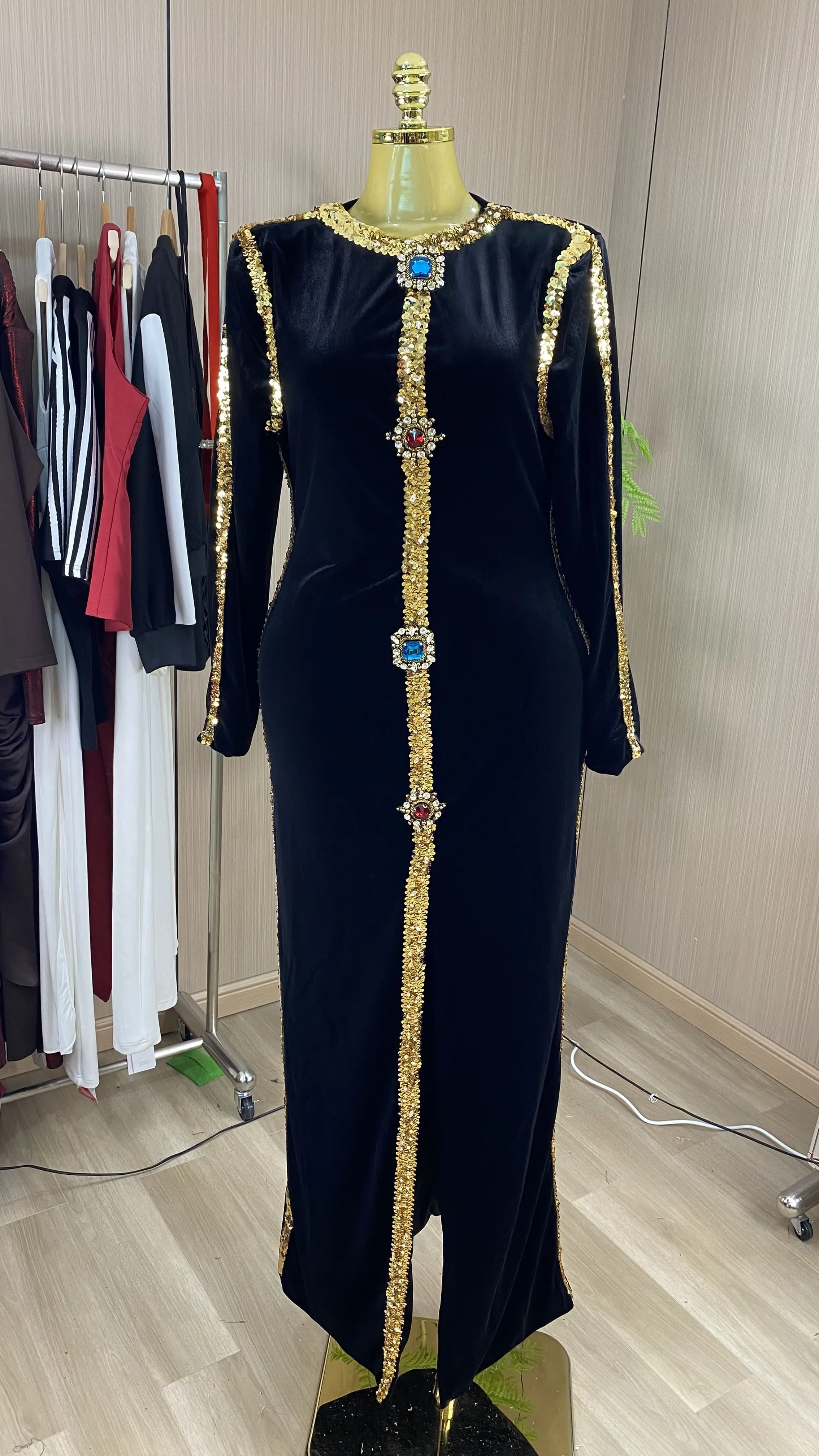 New for 2026: Heavily embellished long velvet dress with beadwork and rhinestones.-GZXX1039