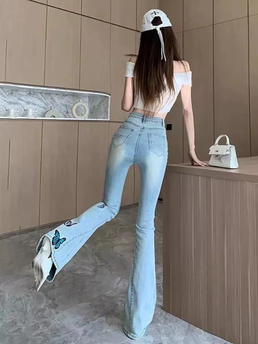 High Waist Light Wash Denim Jeans Women's Summer Design  Embroidery Slimming Peach Butt Micro Flared Pants