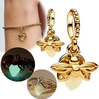 925 Sterling Silver Gold Glow in The Dark Firefly Pendant Fit Bracelet Women DIY Pendant for Jewelry Making Gifts