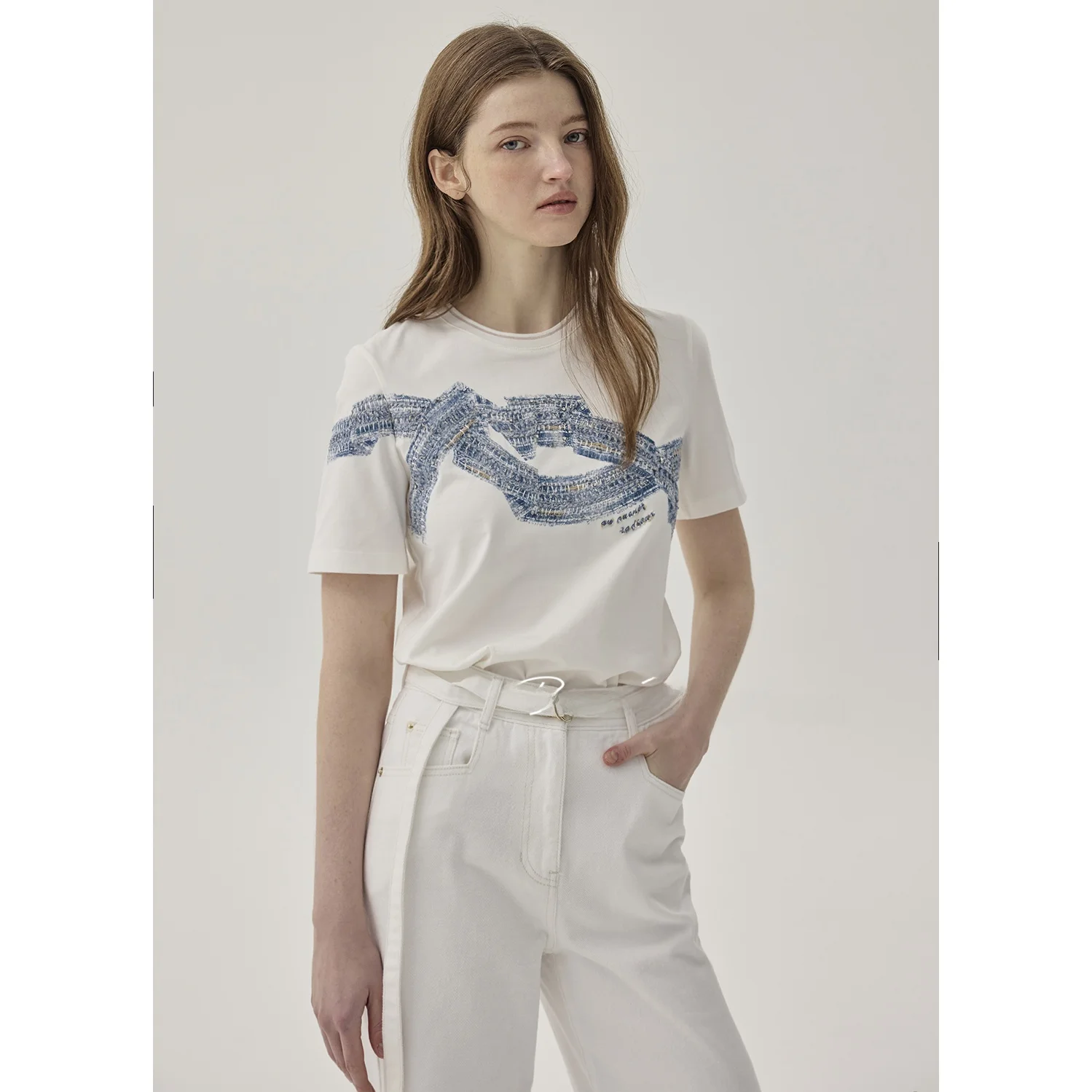 

Ultra-Heavyweight 00% Cotton round Ne Sequin Embroidery ort Sve Slimming Top Commute Versatile Korean Sle T-irt