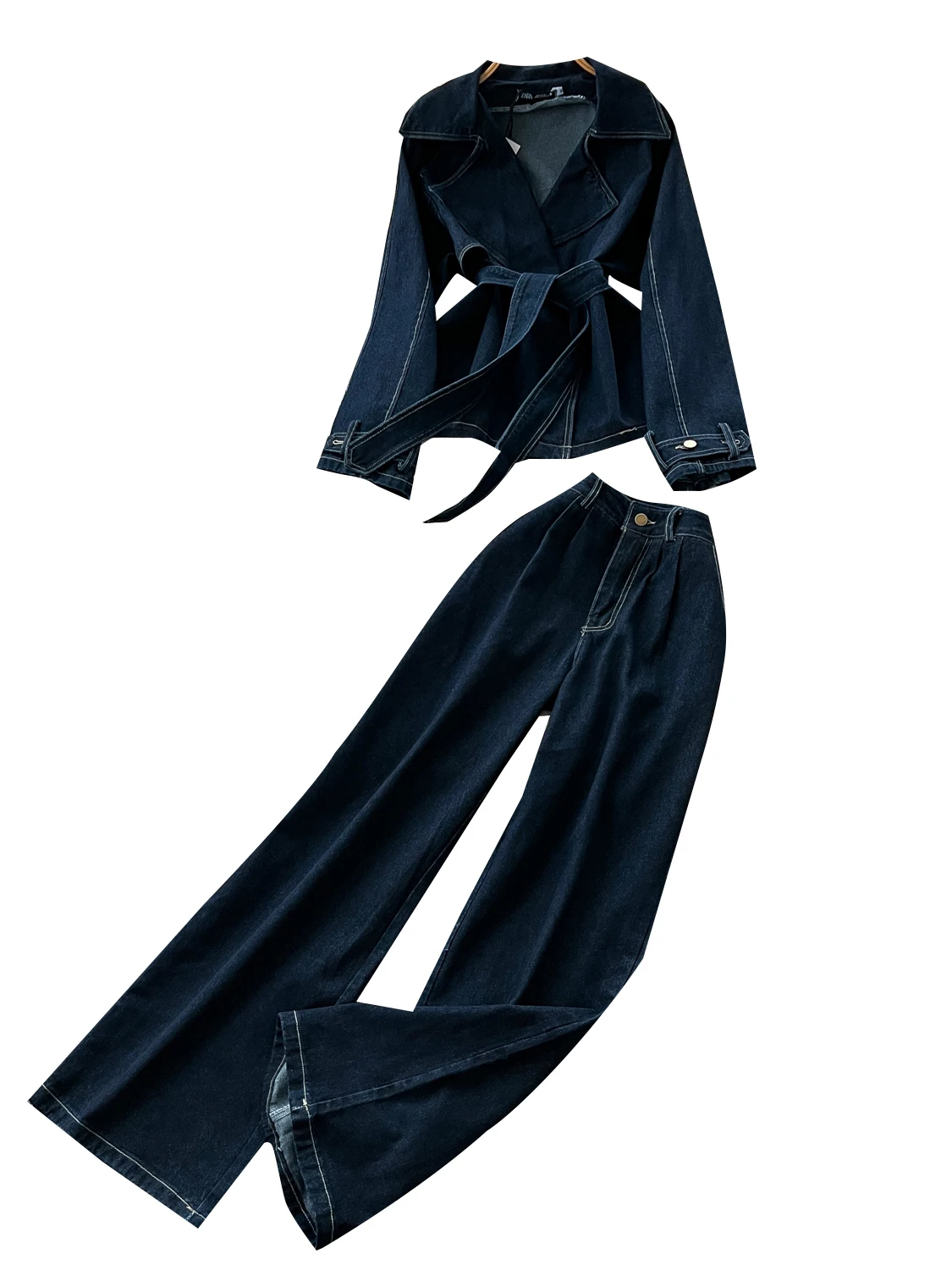 

Casual Faionable Women's Autumn Set Loose Fit Belted Long Sve Denim Jaet High Waist Pants Tie Waist Turn-down Collar