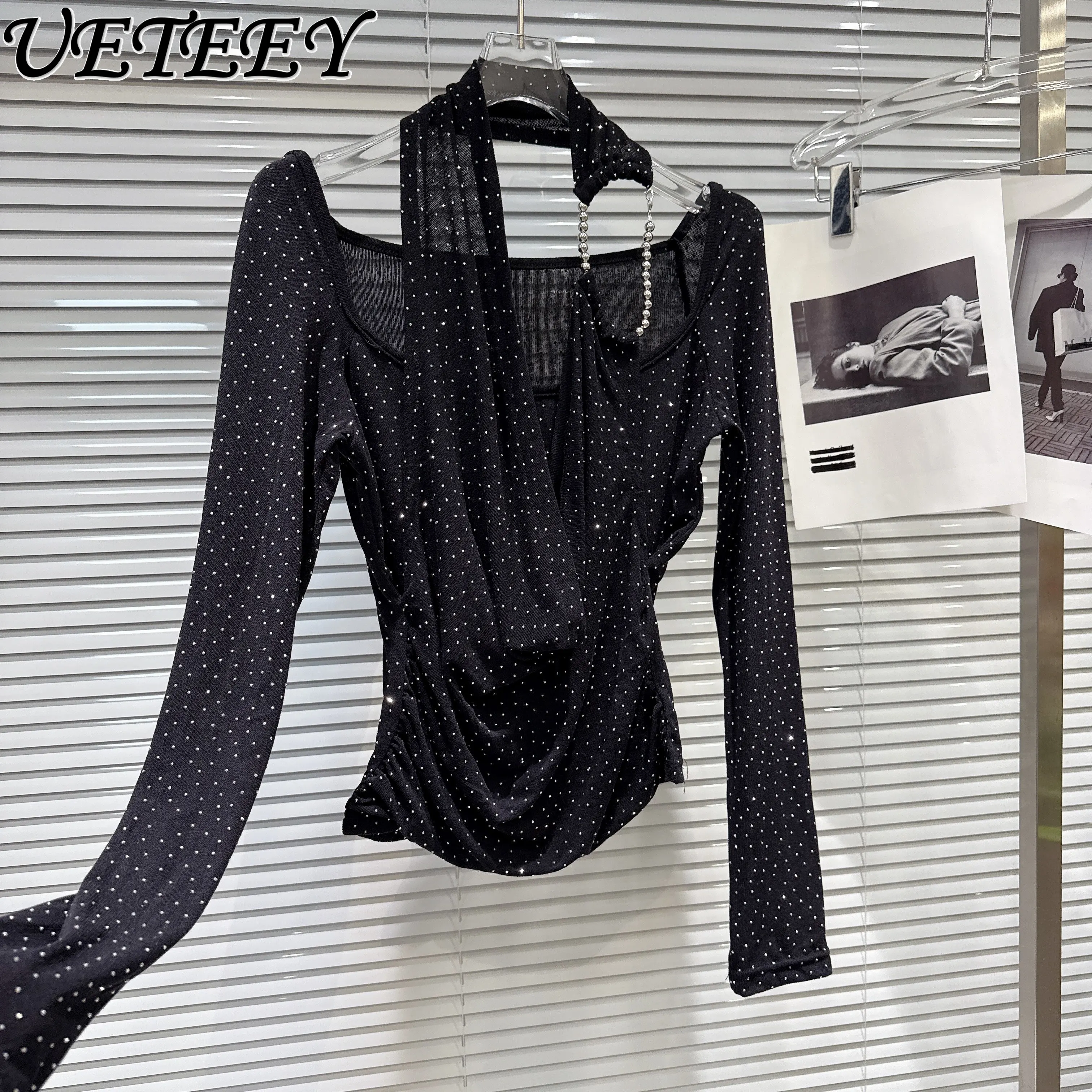 

2026 Spring New French Style Mature Look Halter Neck Fake Two-Piece Rhinestone T-Shirt Stretch Slim Fit Long Sleeve T Shirt Top