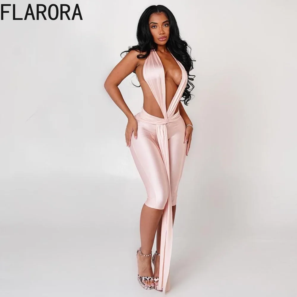 

FLARORA Sexy Halter Patchwork Rompers Woman Ribbon Sleeveless Deep V Backless Bodycon Romper Midnight Party Clubwear Playsuits