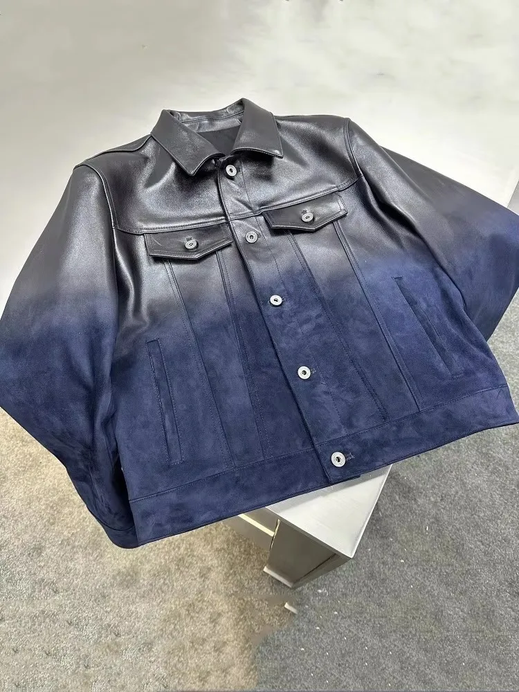 High Quality Mens Sheepskin Genuine Leather Jacket Personality Runway Gradient Motorcycle Short Coat Single Breasted Outerwear