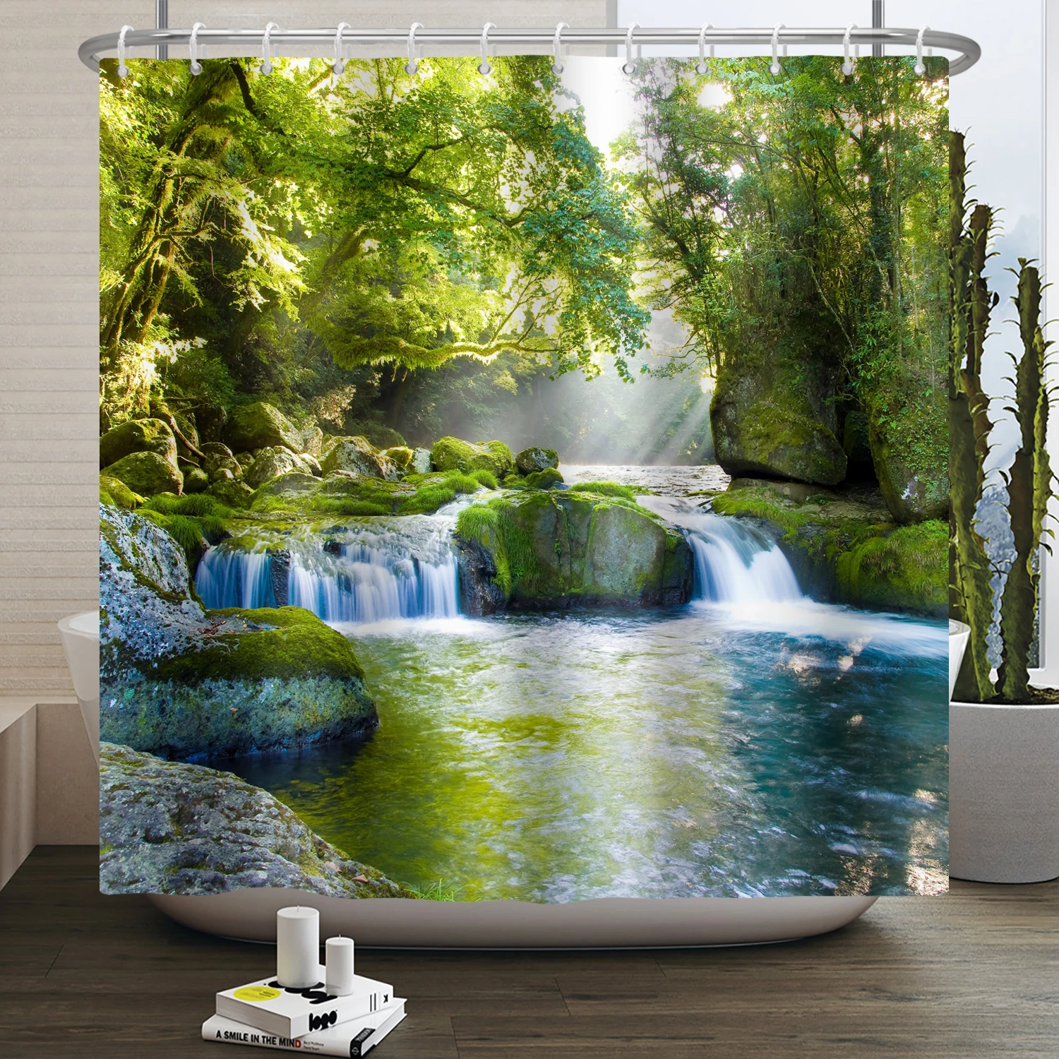 Natural Scenery Shower Curtain Waterfall Mountain Water Forest Flower Landscape Shower Curtain for Bathroom Home Decor Waterproo