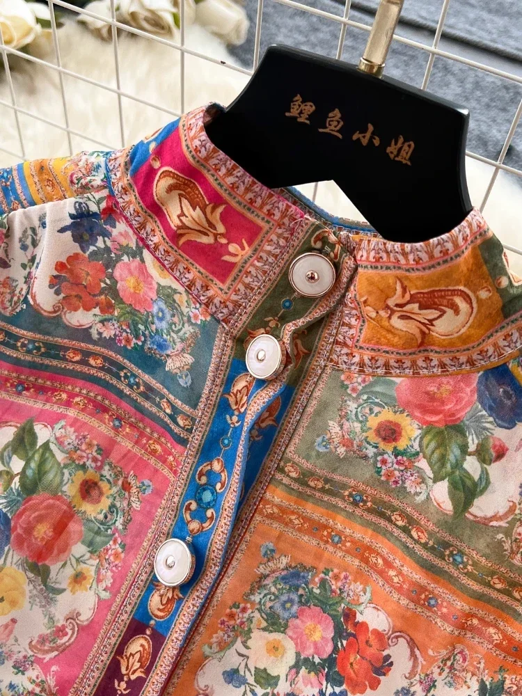 Summer France Elegant Vintage Evening Dress Women Print Pleated Sashes Button Long Party Dress Female Casual Holiday Clothing