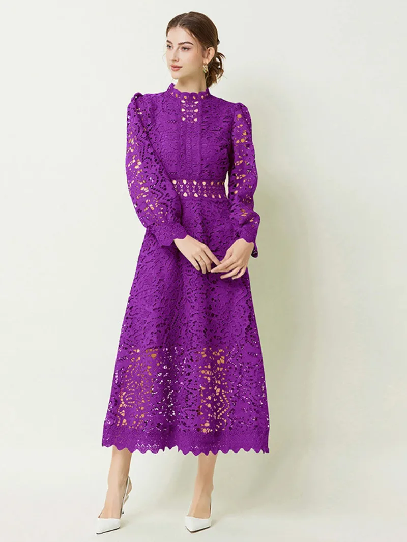 Robe vert violet pour femmes, col montant, manches longues, taille haute, découpée, couleur unie, robes mi-longues, vêtements féminins, nouvelle collection automne 2025 PA8W