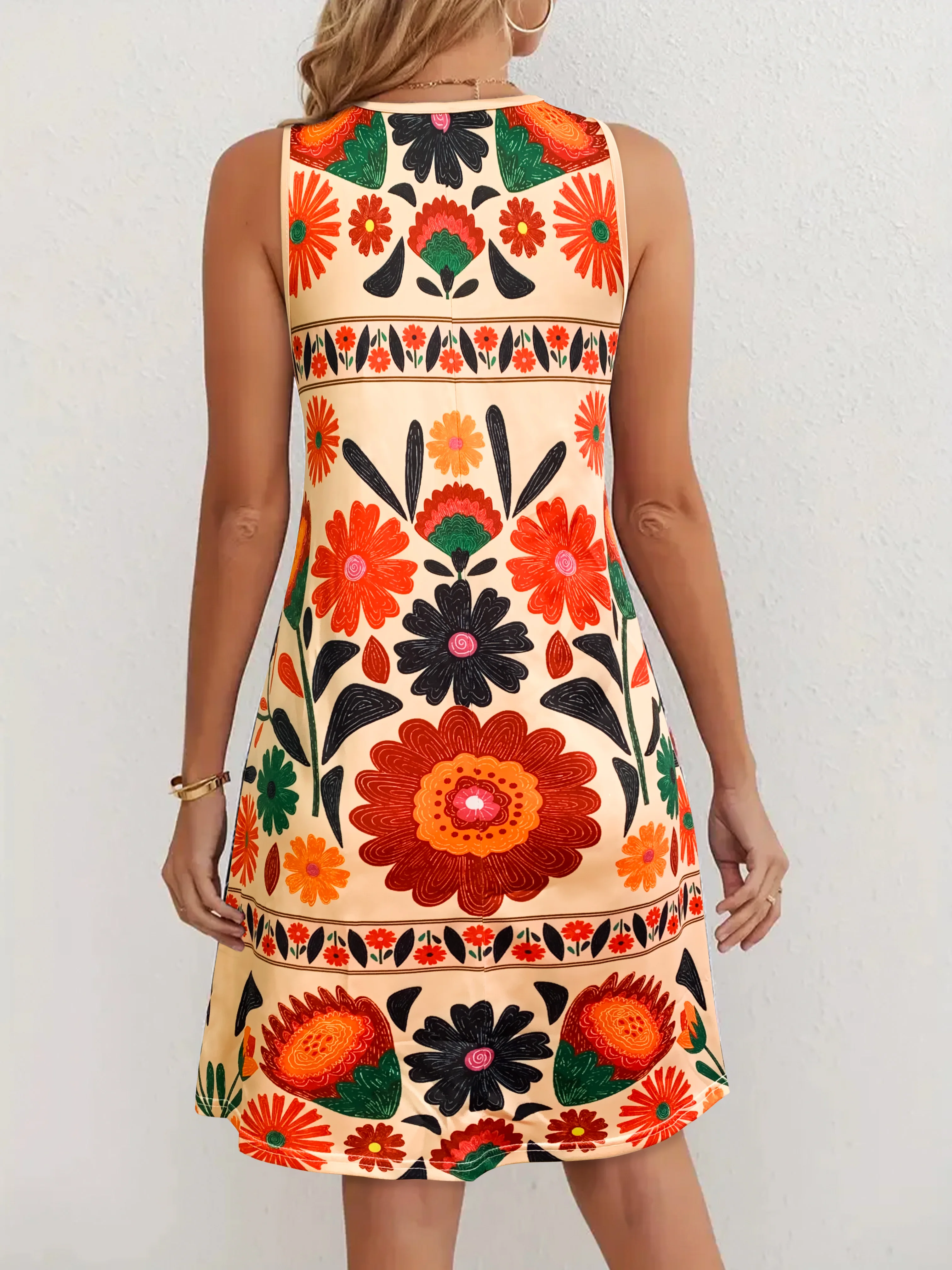Vestido floral bohemio sin mangas para mujer, minivestido con estampado de flores coloridas, traje informal de playa y festival de verano