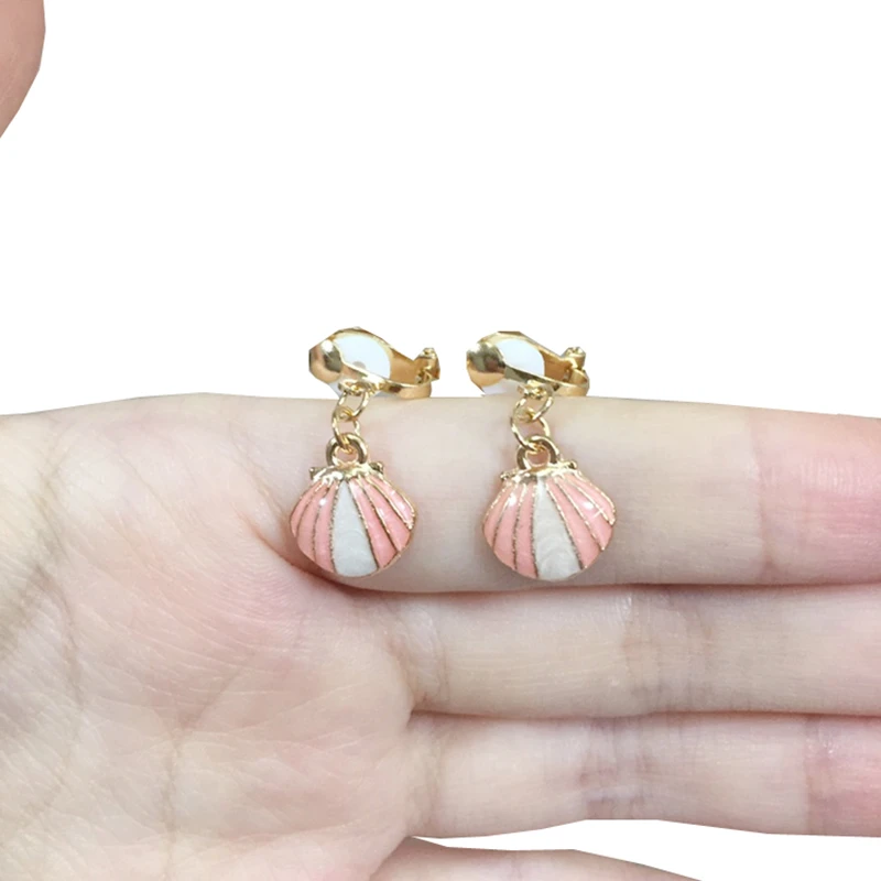 Girls Mini Pink Shell Clip On Earrings Kids Cute Cartoon Ear Fake No Piercing Ear Rings With Clips Children Elegant Gift Jewelry